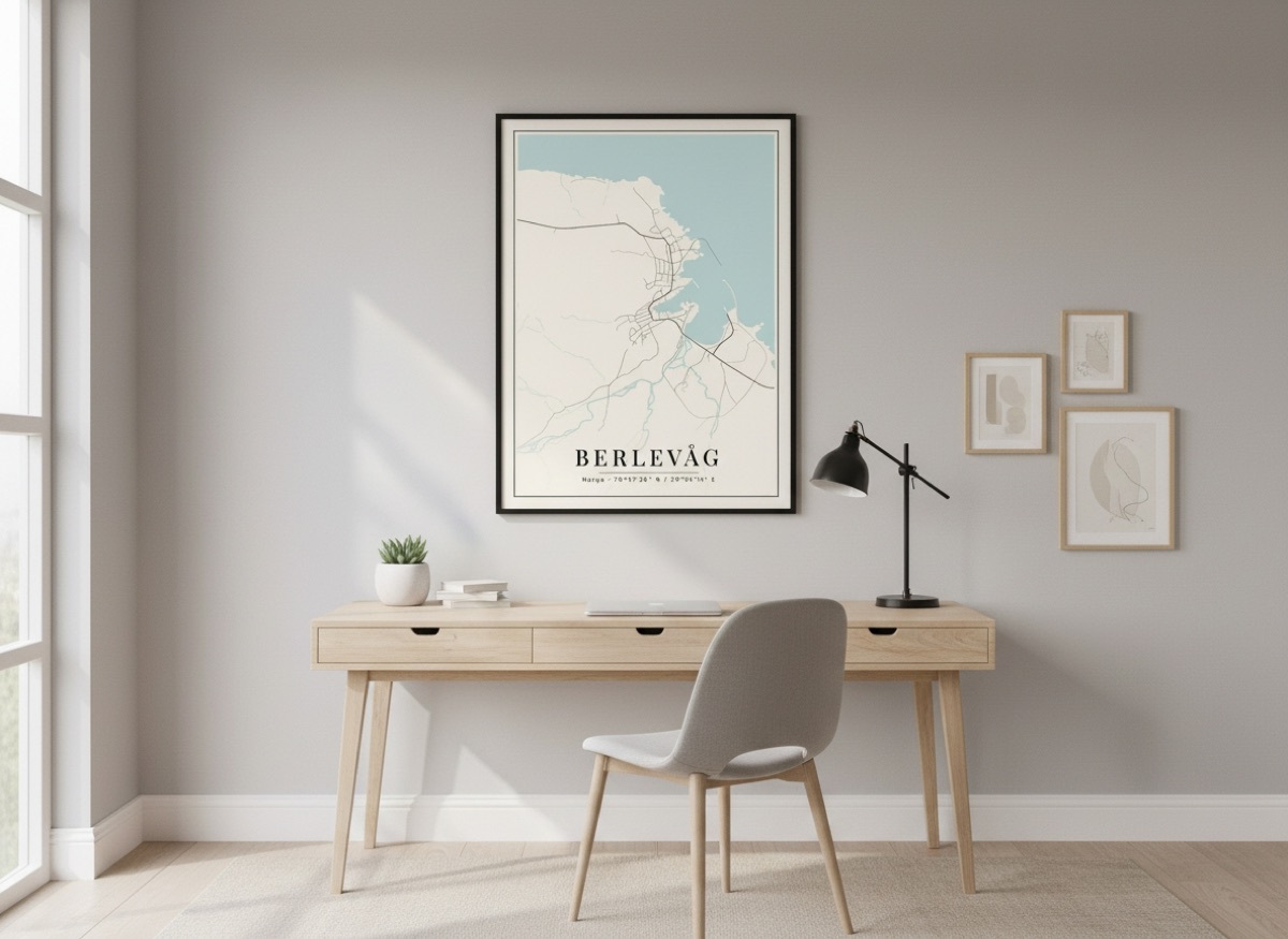 Innrammet designplakat av en by på veggen over et skrivebord