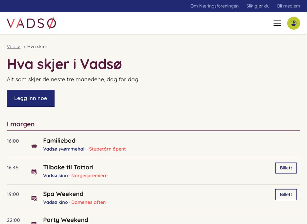 Skjermbilde av en dagsgruppert aktivitetskalender med kommende arrangementer i Vadsø