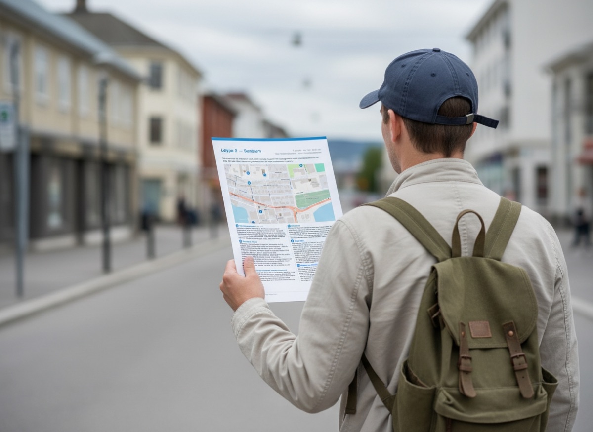 Person som går i en bygate og leser en printet byvandring