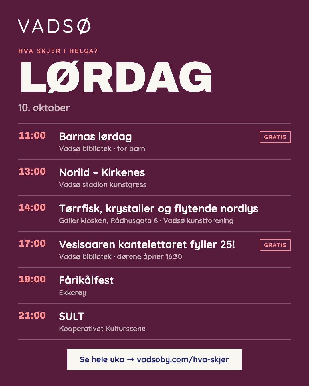 Facebook-bilde for lørdag 10. oktober med arrangementer i Vadsø, klokkeslett og sted