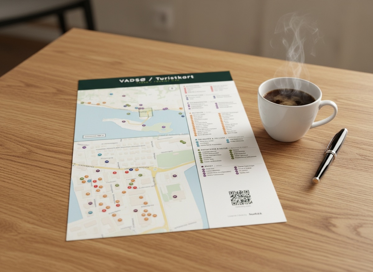 Printet turistkart for Vadsø liggende på et trebord ved siden av en dampende kaffekopp